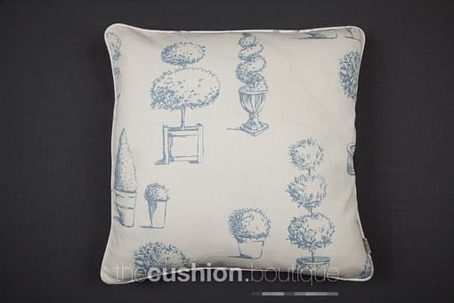 Topiary designs printed in Wedgwood blue on linen