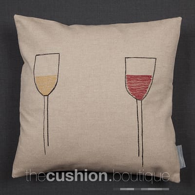 Handmade cushion featuring free machine embroidered red & white wine glasses
